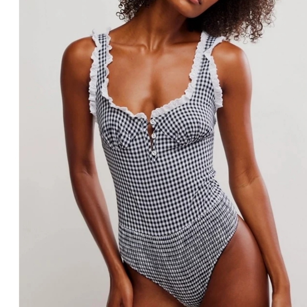 Free People Cassie Bodysuit Black White Gingham Pattern Size S